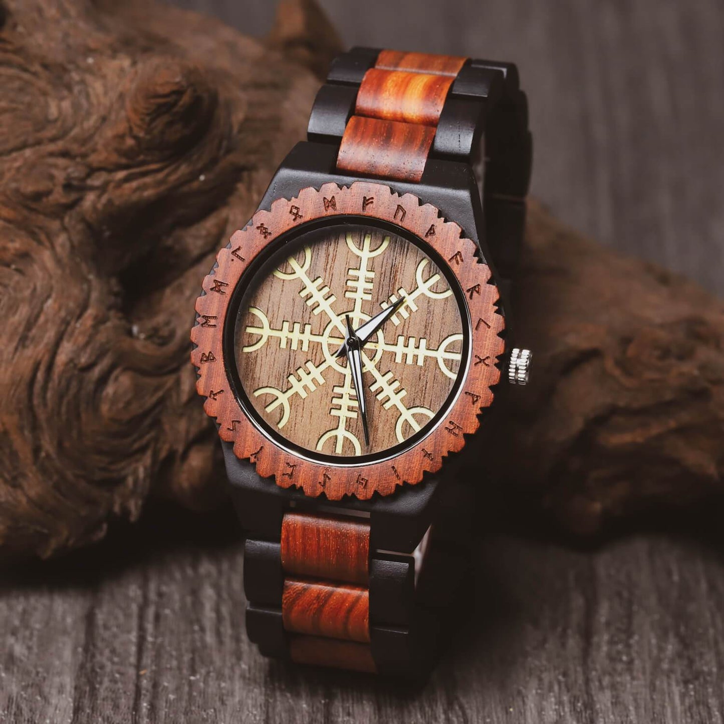 Balder Viking Wooden Watch with Carved Helm of Awe Viking Symbol & Custom Engravings