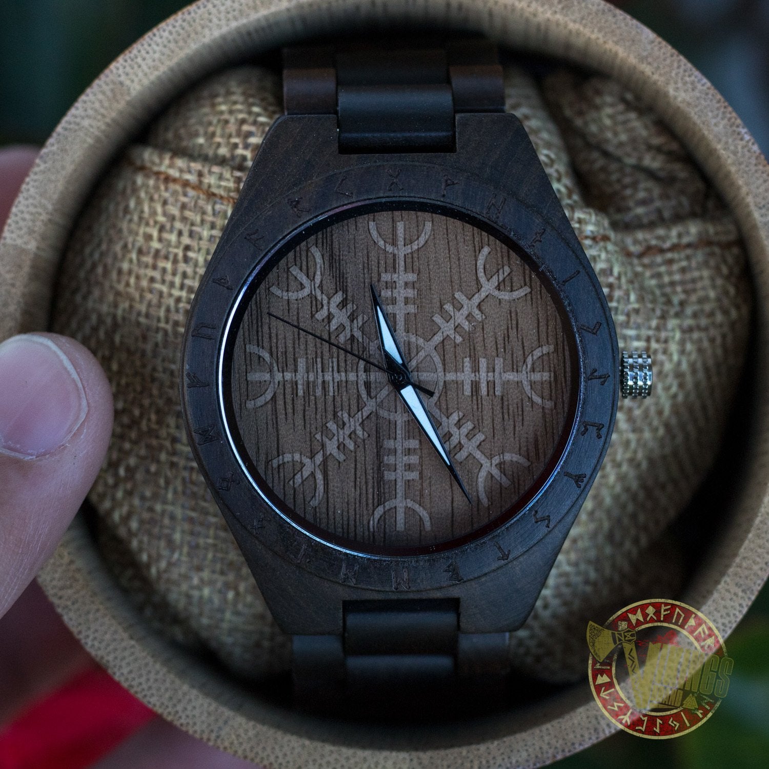 Bard Viking Wooden Watch with Helm of Awe Viking Symbol & Engraved Die in Battle & Go To Valhalla Saying - VikingsBrand