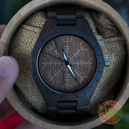 Bard Viking Wooden Watch with Helm of Awe Viking Symbol & Engraved Die in Battle & Go To Valhalla Saying - VikingsBrand