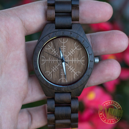 Bard Viking Wooden Watch with Helm of Awe Viking Symbol & Engraved Die in Battle & Go To Valhalla Saying - VikingsBrand