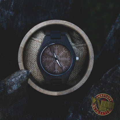 Bard Viking Wooden Watch with Helm of Awe Viking Symbol & Engraved Die in Battle & Go To Valhalla Saying - VikingsBrand