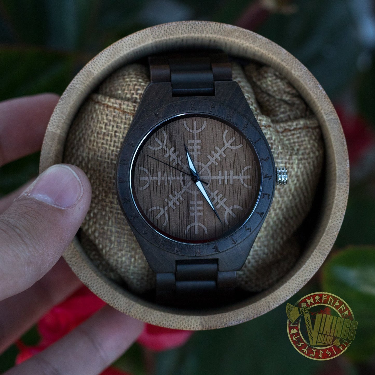 Bard Viking Wooden Watch with Helm of Awe Viking Symbol & Engraved Die in Battle & Go To Valhalla Saying - VikingsBrand