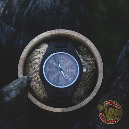 Bard Viking Wooden Watch with Helm of Awe Viking Symbol & Engraved Die in Battle & Go To Valhalla Saying - VikingsBrand