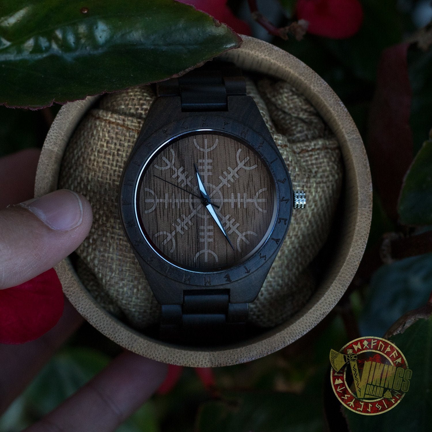 Bard Viking Wooden Watch with Helm of Awe Viking Symbol & Engraved Die in Battle & Go To Valhalla Saying - VikingsBrand