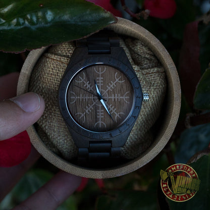 Bard Viking Wooden Watch with Helm of Awe Viking Symbol & Engraved Die in Battle & Go To Valhalla Saying - VikingsBrand