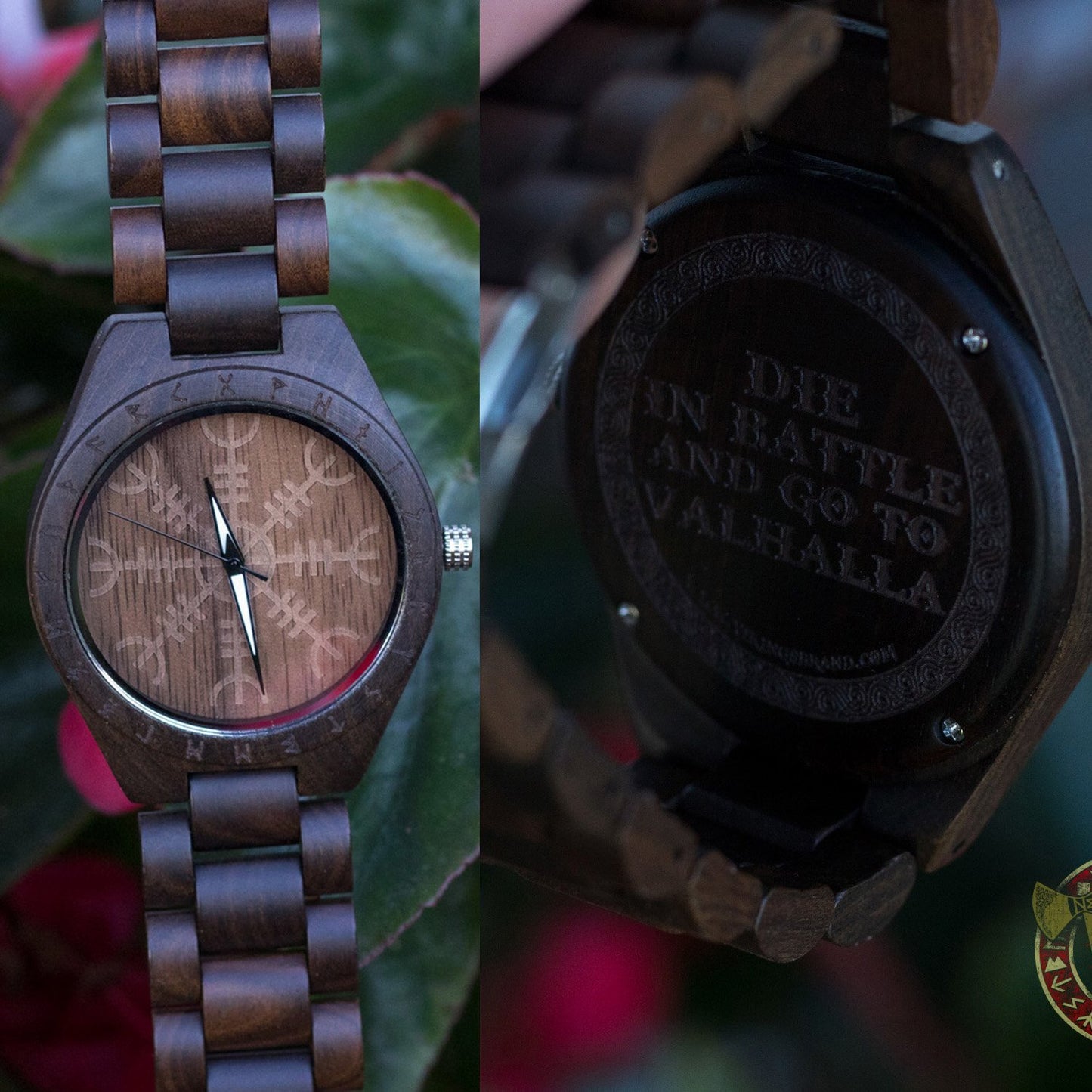 Bard Viking Wooden Watch with Helm of Awe Viking Symbol & Engraved Die in Battle & Go To Valhalla Saying - VikingsBrand