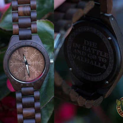 Bard Viking Wooden Watch with Helm of Awe Viking Symbol & Engraved Die in Battle & Go To Valhalla Saying - VikingsBrand