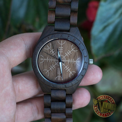 Bard Viking Wooden Watch with Helm of Awe Viking Symbol & Engraved Die in Battle & Go To Valhalla Saying - VikingsBrand