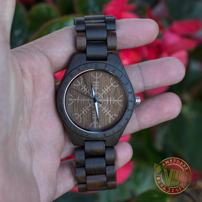 Bard Viking Wooden Watch with Helm of Awe Viking Symbol & Engraved Die in Battle & Go To Valhalla Saying - VikingsBrand
