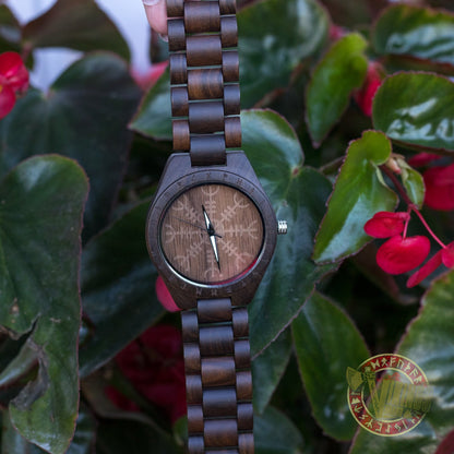 Bard Viking Wooden Watch with Helm of Awe Viking Symbol & Engraved Die in Battle & Go To Valhalla Saying - VikingsBrand