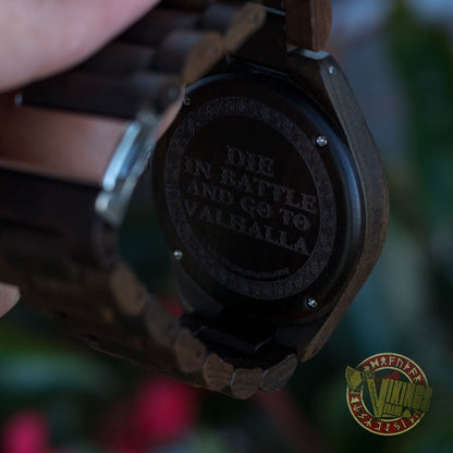 Bard Viking Wooden Watch with Helm of Awe Viking Symbol & Engraved Die in Battle & Go To Valhalla Saying - VikingsBrand