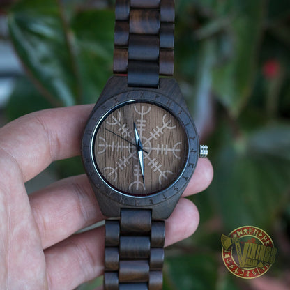 Bard Viking Wooden Watch with Helm of Awe Viking Symbol & Engraved Die in Battle & Go To Valhalla Saying - VikingsBrand