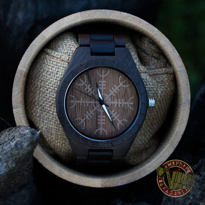 Bard Viking Wooden Watch with Helm of Awe Viking Symbol & Engraved Die in Battle & Go To Valhalla Saying - VikingsBrand