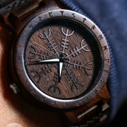 Bifrost Viking Wooden Watch with Helm of Awe Viking Symbol & Engraved Die in Battle & Go To Valhalla Saying - VikingsBrand