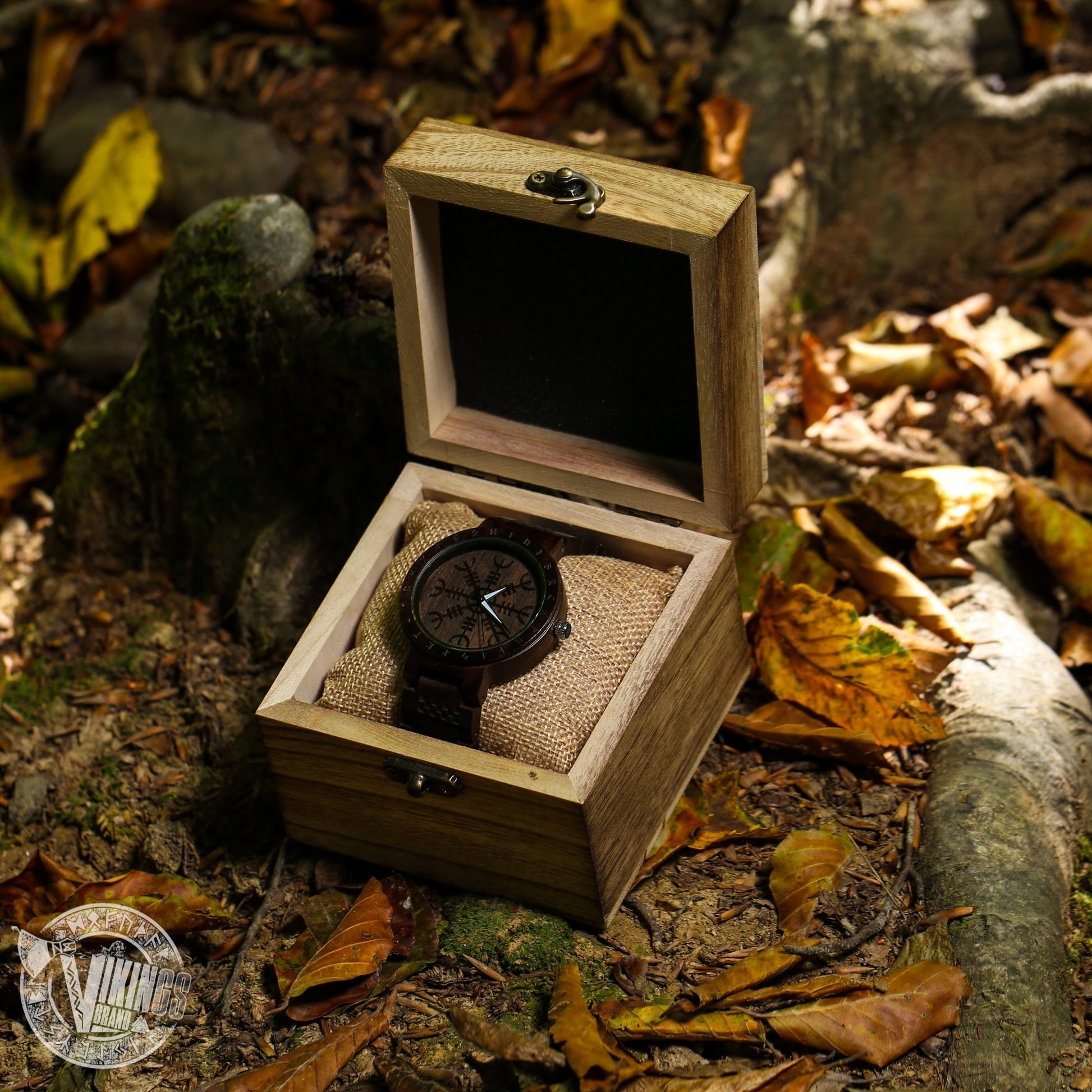 Bifrost Viking Wooden Watch with Helm of Awe Viking Symbol & Engraved Die in Battle & Go To Valhalla Saying - VikingsBrand