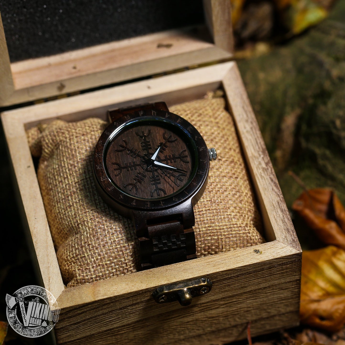 Bifrost Viking Wooden Watch with Helm of Awe Viking Symbol & Engraved Die in Battle & Go To Valhalla Saying - VikingsBrand