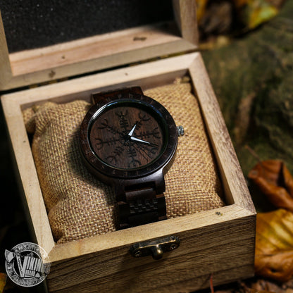 Bifrost Viking Wooden Watch with Helm of Awe Viking Symbol & Engraved Die in Battle & Go To Valhalla Saying - VikingsBrand