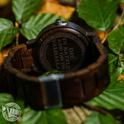 Bifrost Viking Wooden Watch with Helm of Awe Viking Symbol & Engraved Die in Battle & Go To Valhalla Saying - VikingsBrand