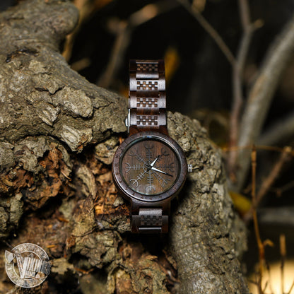 Bifrost Viking Wooden Watch with Helm of Awe Viking Symbol & Engraved Die in Battle & Go To Valhalla Saying - VikingsBrand