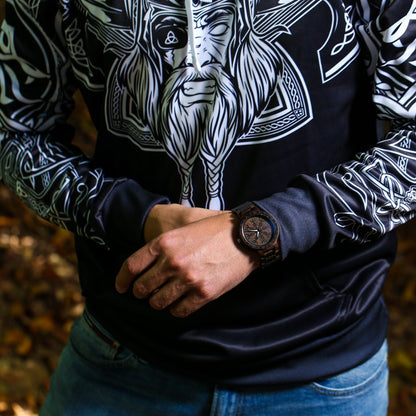 Bifrost Viking Wooden Watch with Helm of Awe Viking Symbol & Engraved Die in Battle & Go To Valhalla Saying - VikingsBrand