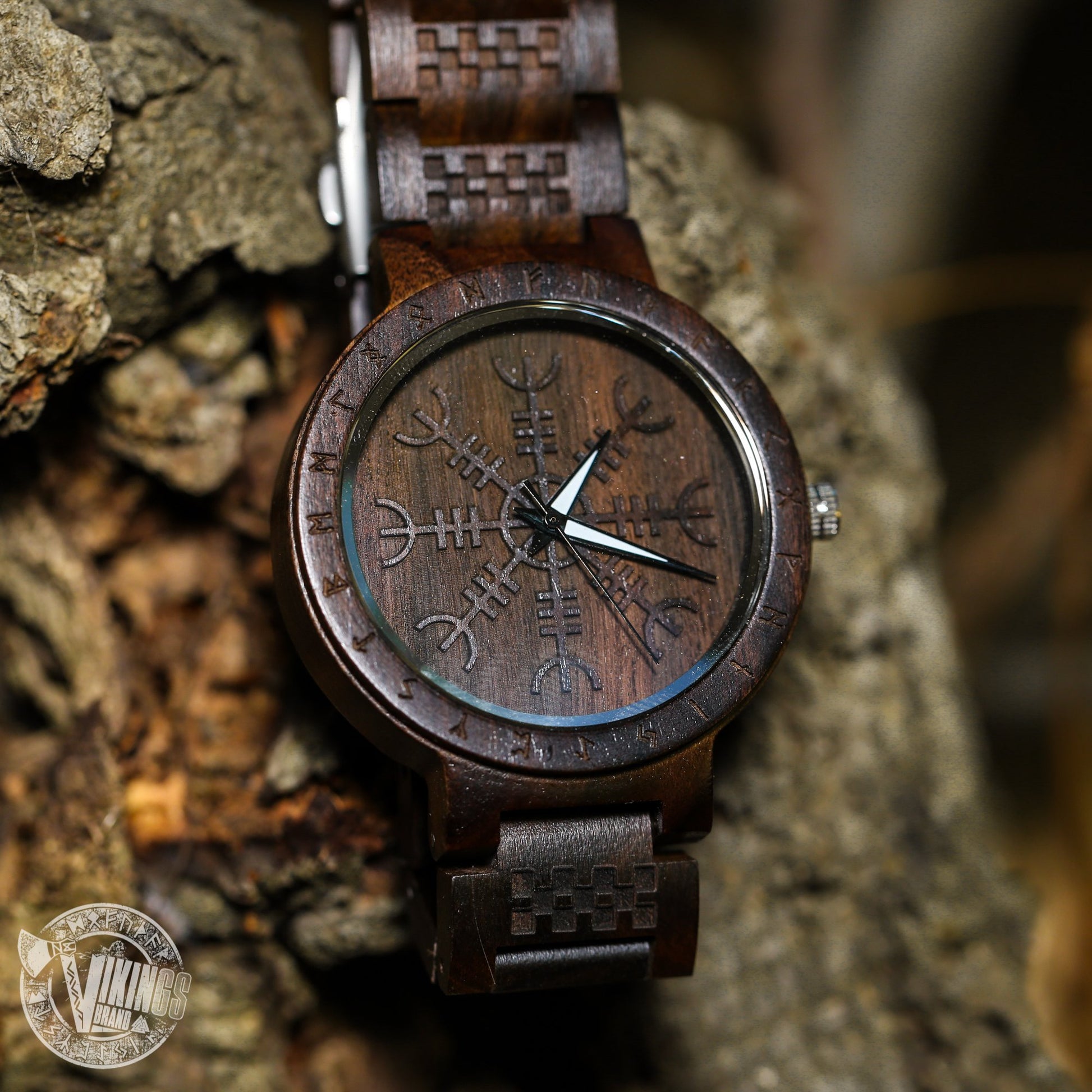 Bifrost Viking Wooden Watch with Helm of Awe Viking Symbol & Engraved Die in Battle & Go To Valhalla Saying - VikingsBrand