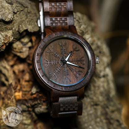 Bifrost Viking Wooden Watch with Helm of Awe Viking Symbol & Engraved Die in Battle & Go To Valhalla Saying - VikingsBrand