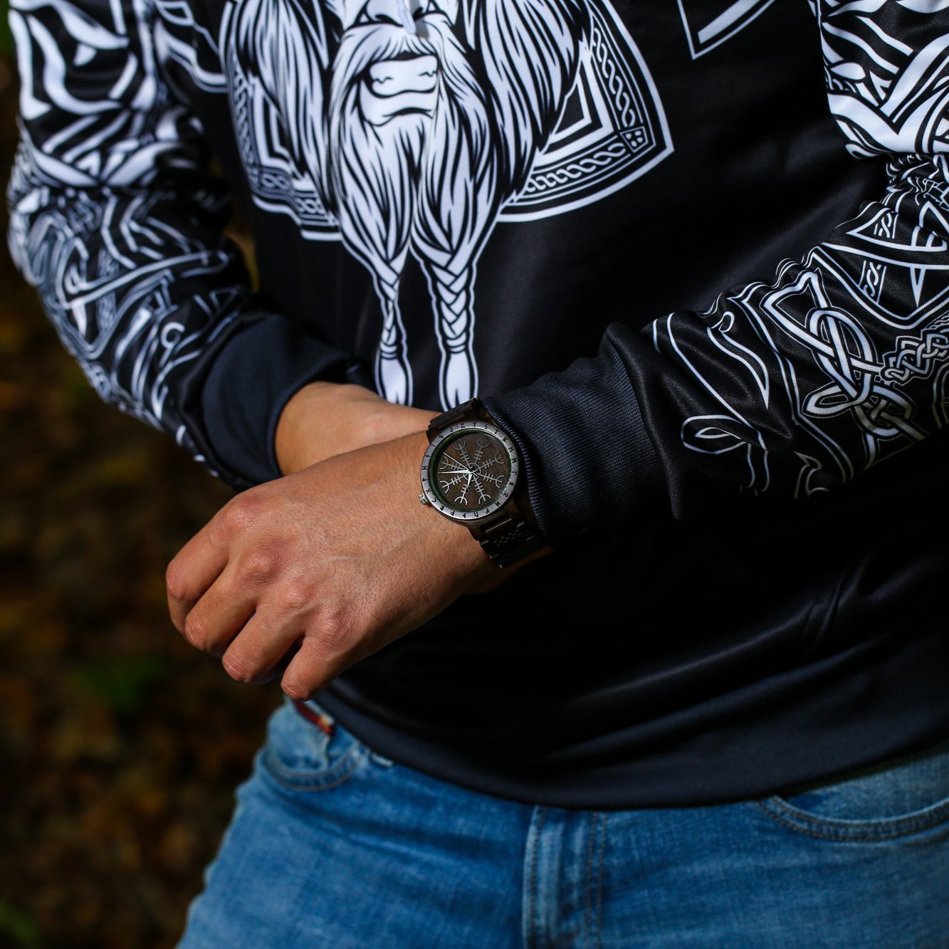 Bifrost Viking Wooden Watch with Helm of Awe Viking Symbol & Engraved Die in Battle & Go To Valhalla Saying - VikingsBrand