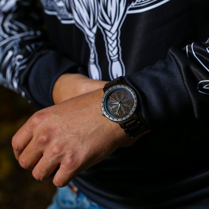 Bifrost Viking Wooden Watch with Helm of Awe Viking Symbol & Engraved Die in Battle & Go To Valhalla Saying - VikingsBrand