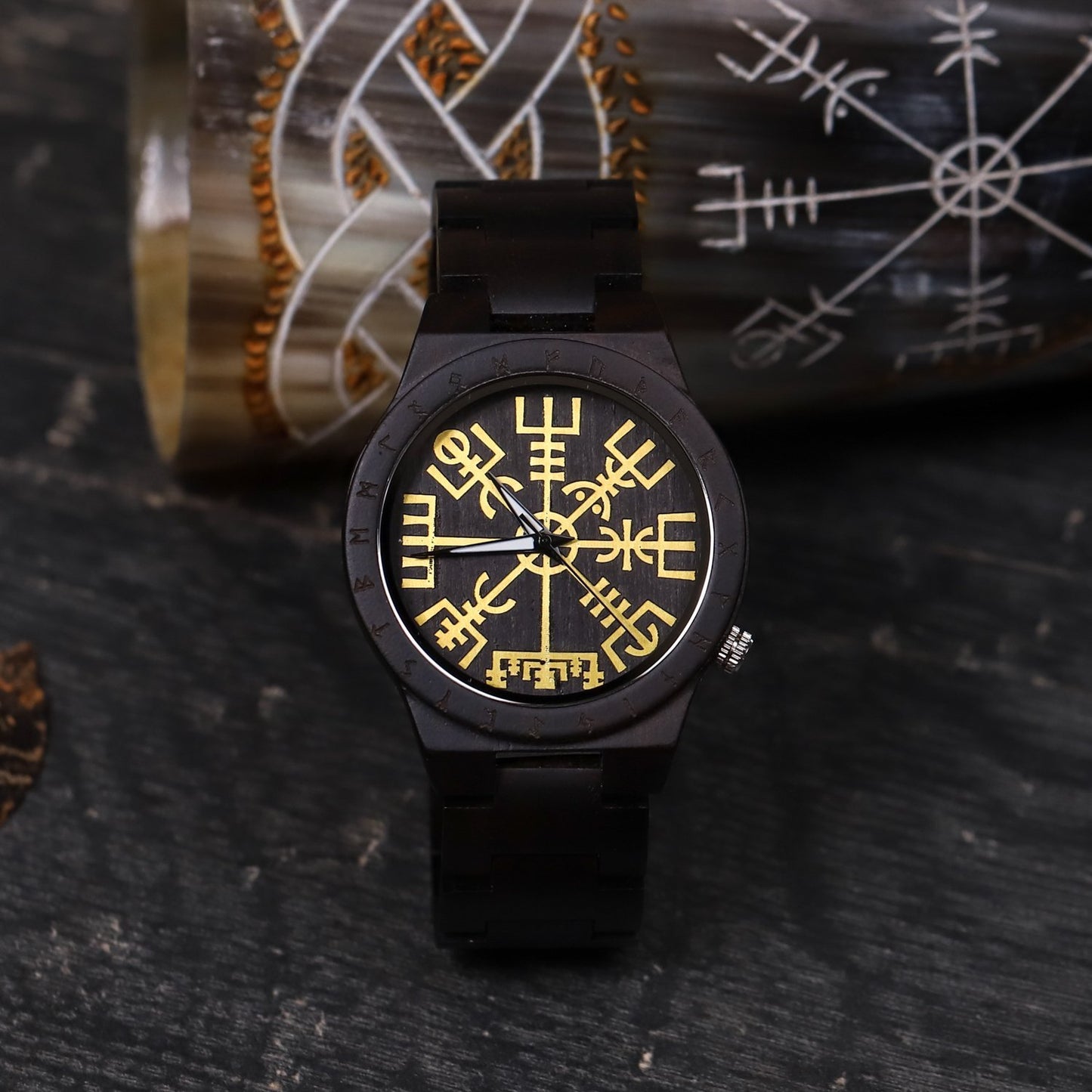 Birger Viking Wooden Watch with Vegvisir Viking Symbol & Custom Engravings