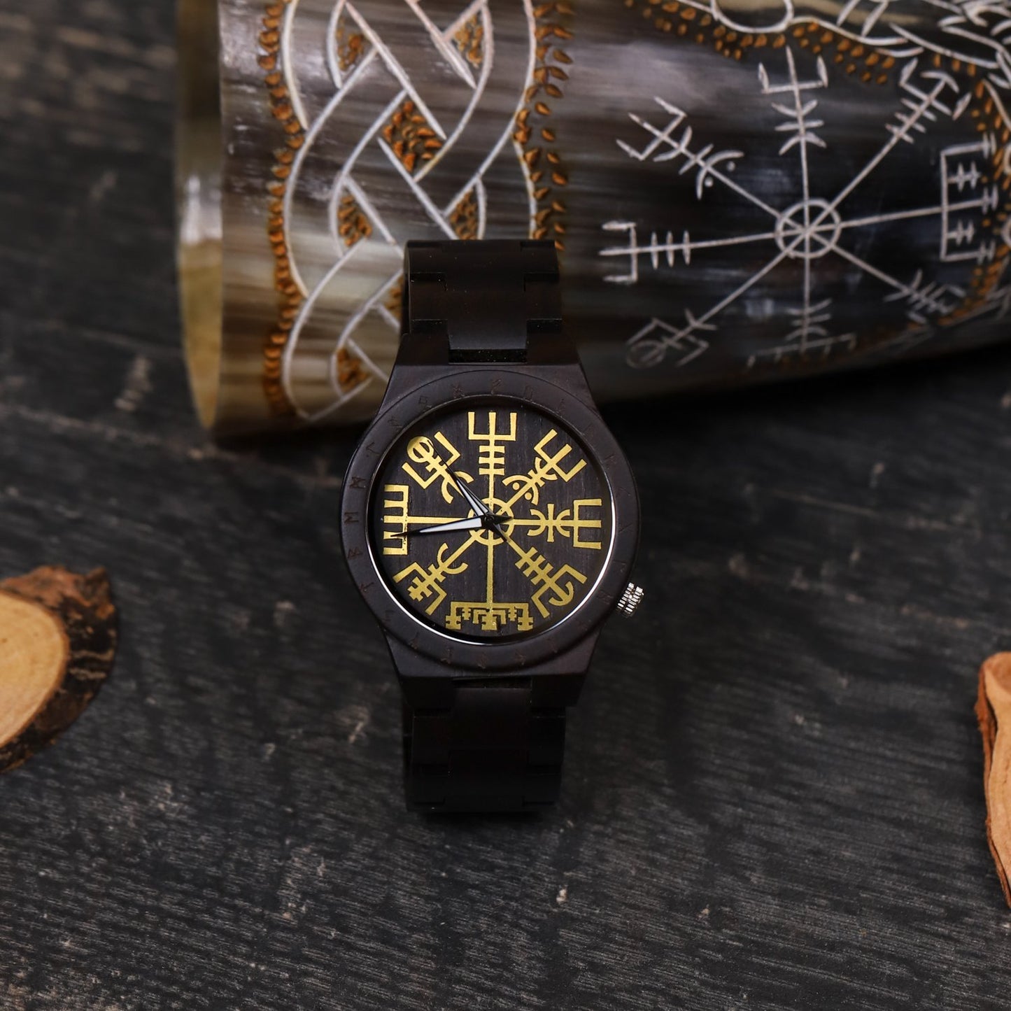 Birger Viking Wooden Watch with Vegvisir Viking Symbol & Custom Engravings