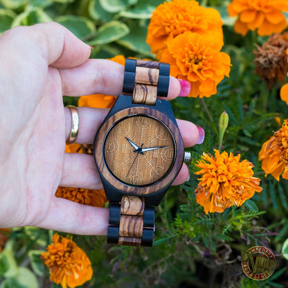 Bjorn Viking Wooden Watch with Helm of Awe Viking Symbol Zebrawood + Ebony Gold - VikingsBrand