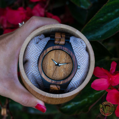 Bjorn Viking Wooden Watch with Helm of Awe Viking Symbol Zebrawood + Ebony Gold - VikingsBrand