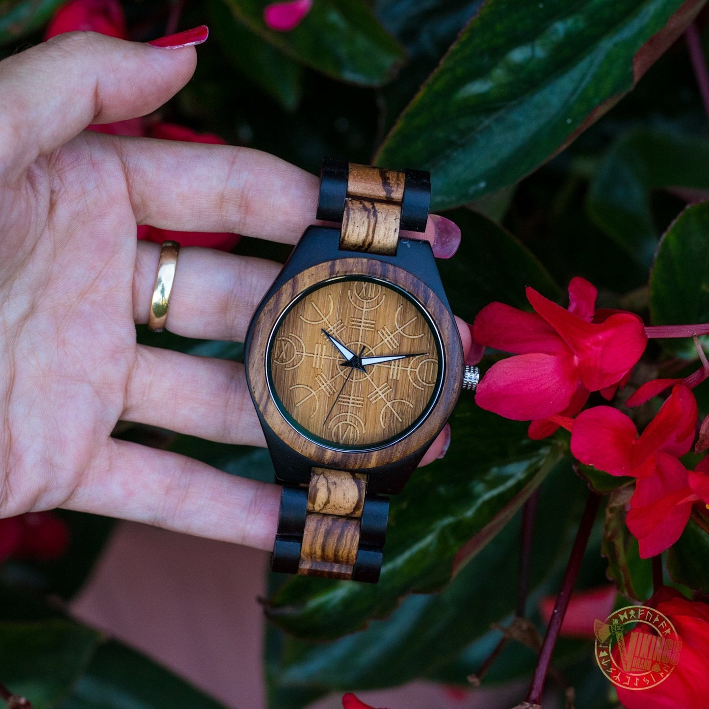 Bjorn Viking Wooden Watch with Helm of Awe Viking Symbol Zebrawood + Ebony Gold - VikingsBrand