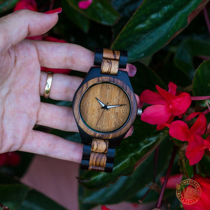 Bjorn Viking Wooden Watch with Helm of Awe Viking Symbol Zebrawood + Ebony Gold - VikingsBrand