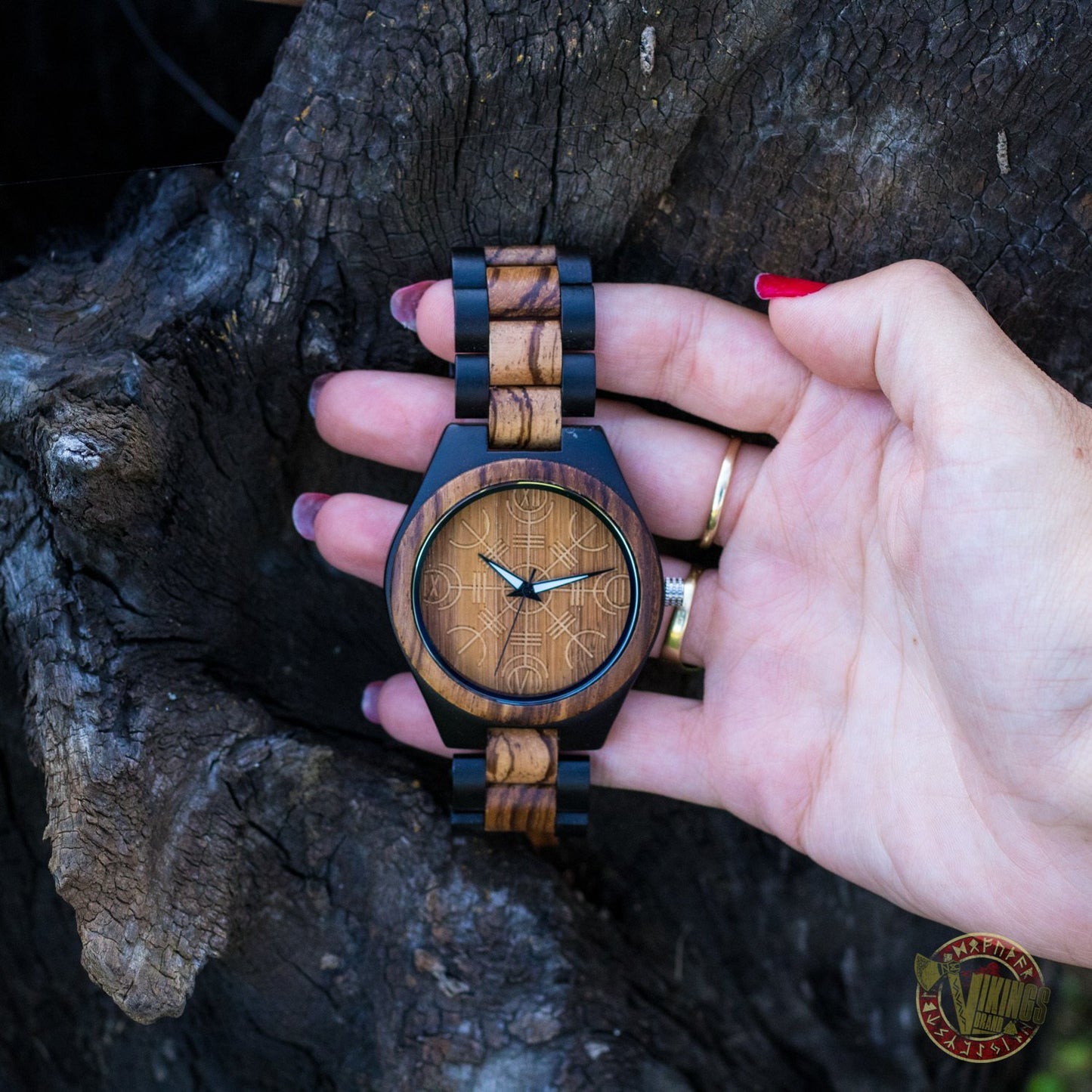 Bjorn Viking Wooden Watch with Helm of Awe Viking Symbol Zebrawood + Ebony Gold - VikingsBrand