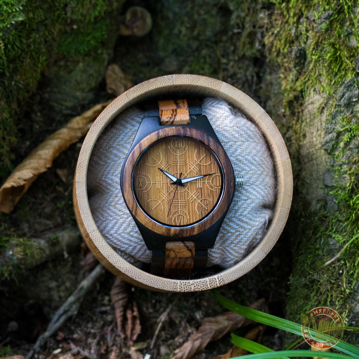 Bjorn Viking Wooden Watch with Helm of Awe Viking Symbol Zebrawood + Ebony Gold - VikingsBrand