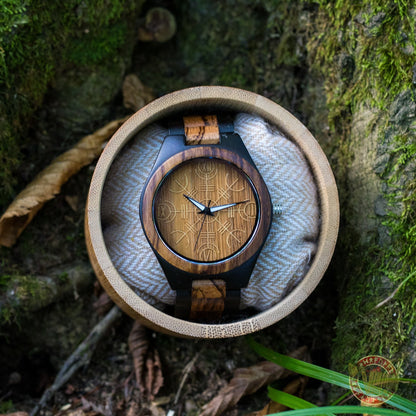 Bjorn Viking Wooden Watch with Helm of Awe Viking Symbol Zebrawood + Ebony Gold - VikingsBrand