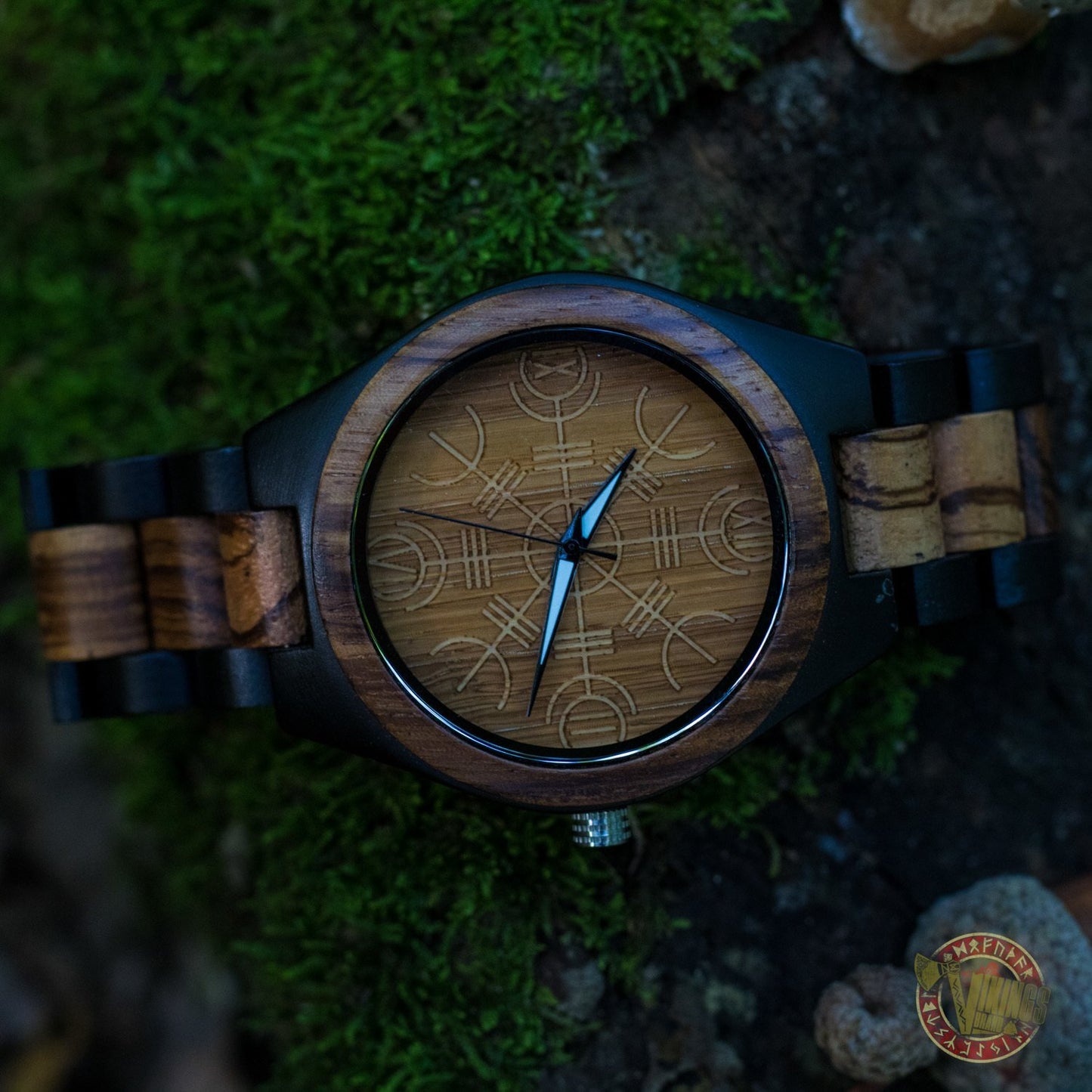 Bjorn Viking Wooden Watch with Helm of Awe Viking Symbol Zebrawood + Ebony Gold - VikingsBrand