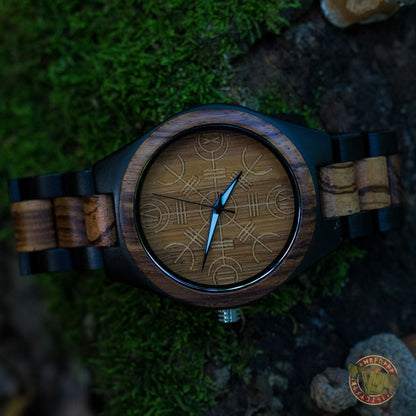 Bjorn Viking Wooden Watch with Helm of Awe Viking Symbol Zebrawood + Ebony Gold - VikingsBrand