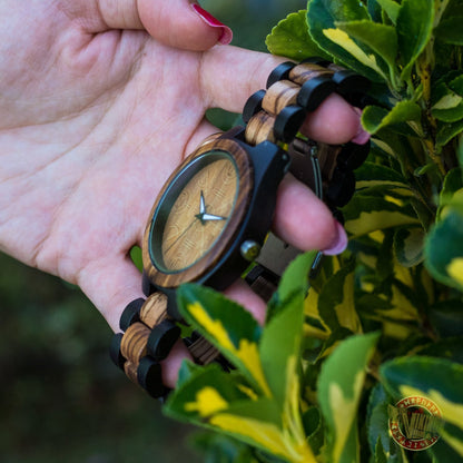 Bjorn Viking Wooden Watch with Helm of Awe Viking Symbol Zebrawood + Ebony Gold - VikingsBrand