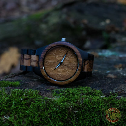 Bjorn Viking Wooden Watch with Helm of Awe Viking Symbol Zebrawood + Ebony Gold - VikingsBrand