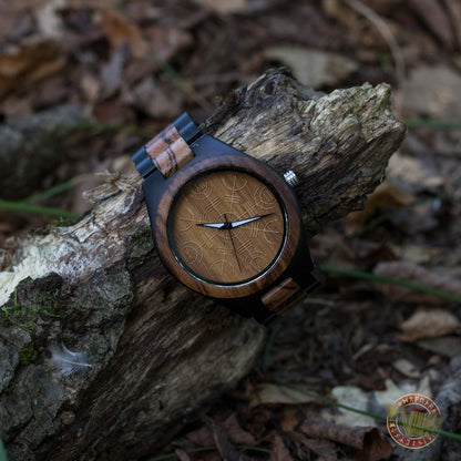 Bjorn Viking Wooden Watch with Helm of Awe Viking Symbol Zebrawood + Ebony Gold - VikingsBrand