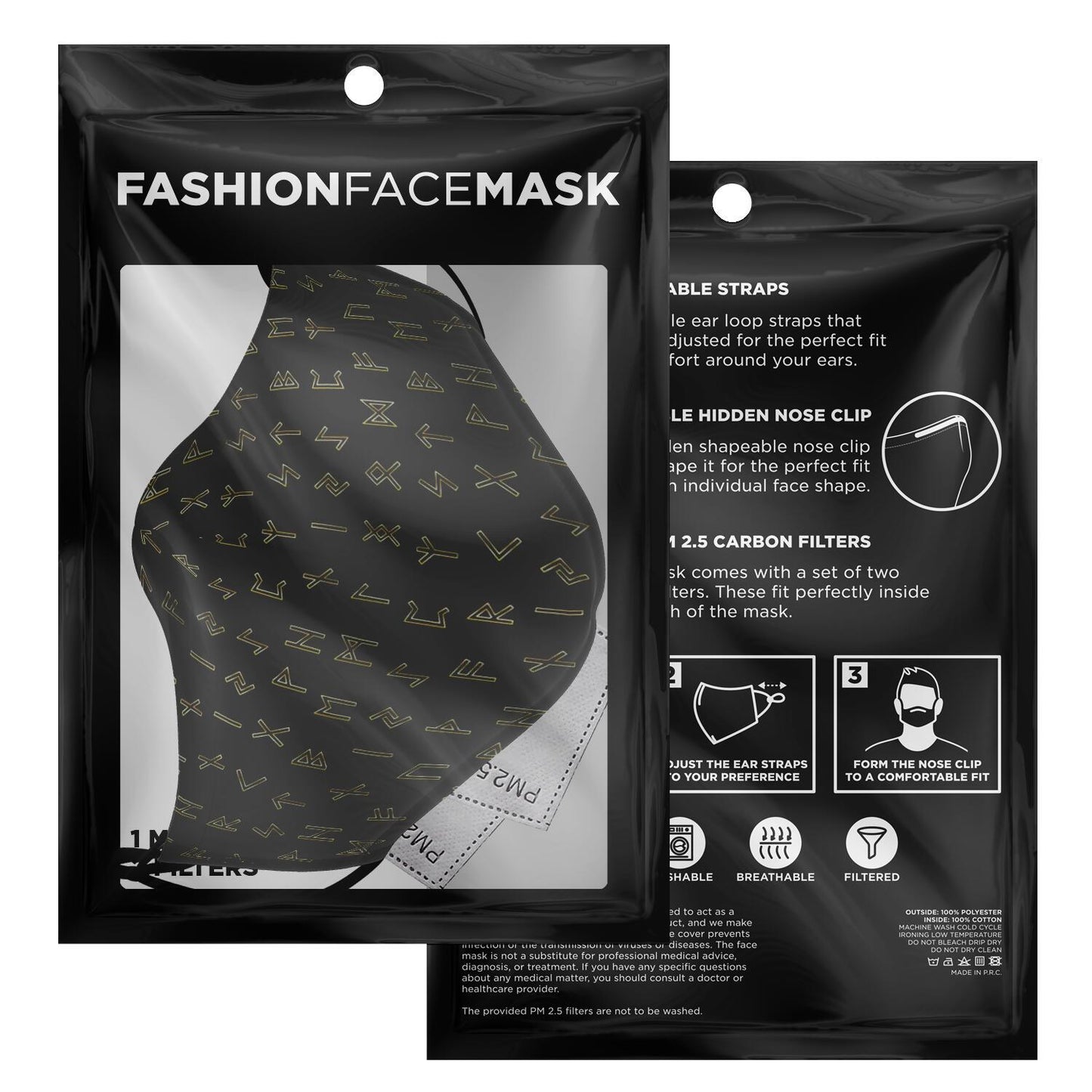 Black & Gold Viking Runes Face Mask Cover