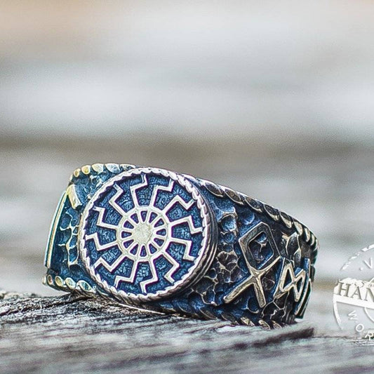 Black Sun Ring with Hail Odin Runes - VikingsBrand