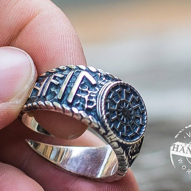 Black Sun Ring with Hail Odin Runes - VikingsBrand