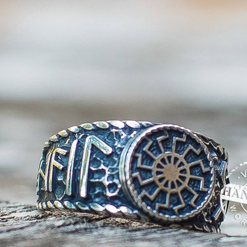 Black Sun Ring with Hail Odin Runes - VikingsBrand