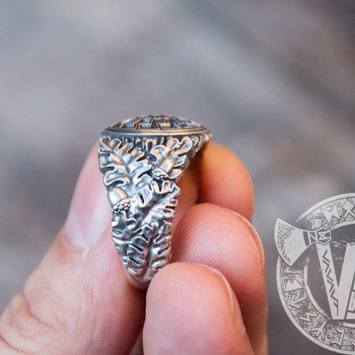 Black Sun Symbol with Oak Leaves and Acorns Variant 2 Sterling Silver Viking Ring - VikingsBrand