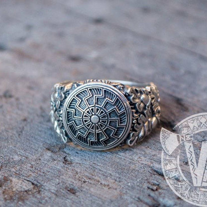 Black Sun Symbol with Oak Leaves and Acorns Variant 2 Sterling Silver Viking Ring - VikingsBrand