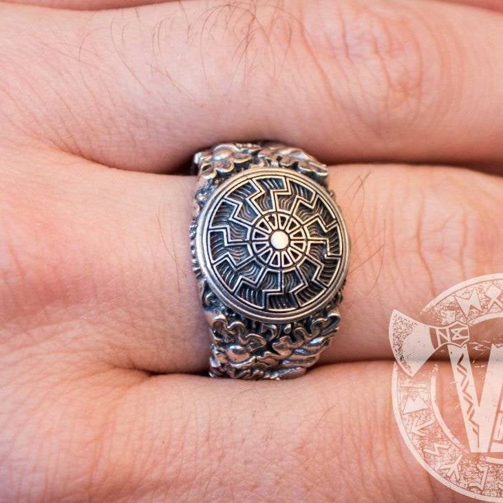 Black Sun Symbol with Oak Leaves and Acorns Variant 2 Sterling Silver Viking Ring - VikingsBrand