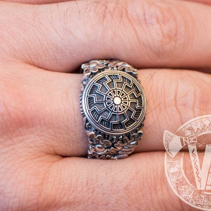 Black Sun Symbol with Oak Leaves and Acorns Variant 2 Sterling Silver Viking Ring - VikingsBrand